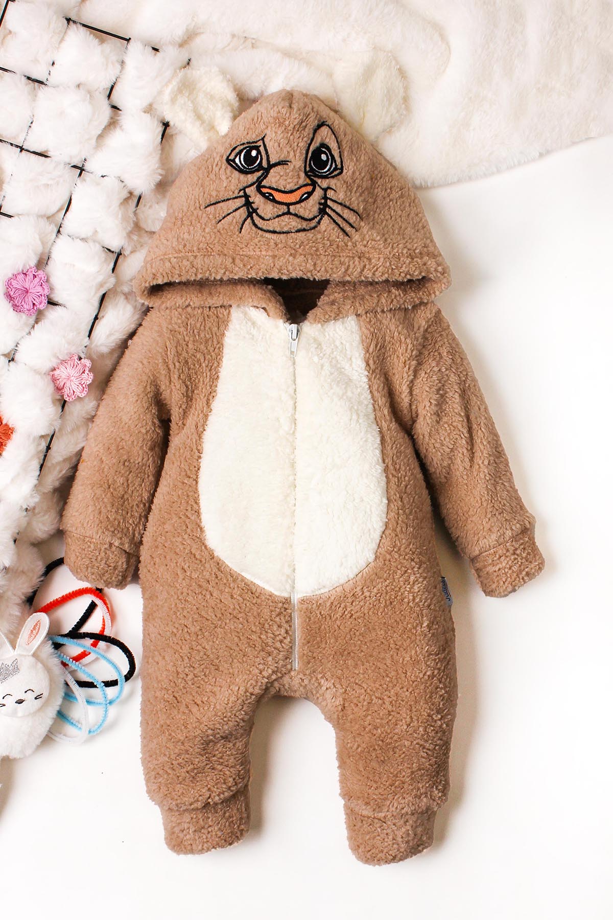 Erkek Bebek Aslan Figürlü Kapüşonlu Peluş Tulum 3 12 Ay